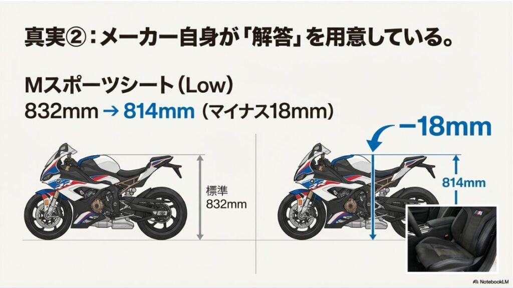 S1000RRのシート高は低い？標準シート(832mm)からMスポーツシートLow(814mm)に変更することで、マイナス18mmのローダウンが可能であることを示す図。
