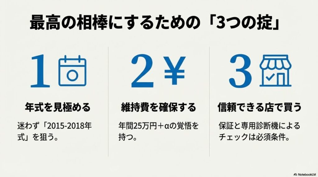 S1000RRは壊れやすい？1.年式を見極める、2.維持費を確保する、3.信頼できる店で買う、という後悔しないための3つの掟をまとめたスライド。