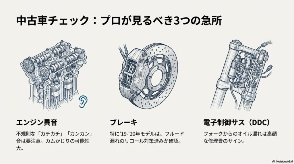 S1000RRは壊れやすい？エンジンからの異音（カムかじり）、ブレーキフルード漏れ、電子制御サス（DDC）からのオイル漏れなど、プロが見るべきチェックポイントのイラスト解説。