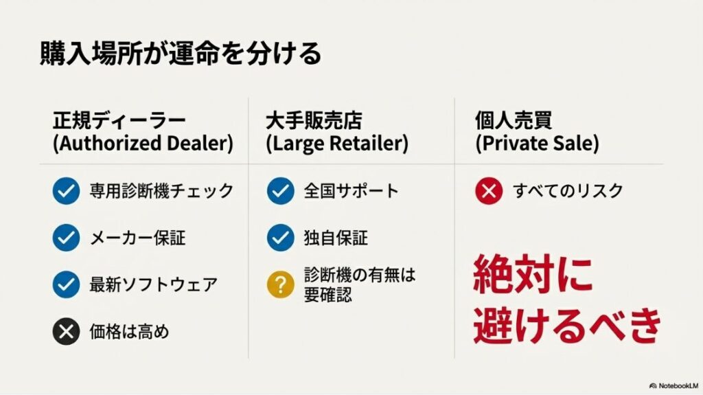 S1000RRは壊れやすい？正規ディーラー、大手販売店、個人売買それぞれのメリット・デメリットを比較し、診断機や保証のない個人売買は避けるべきであることを示した表。