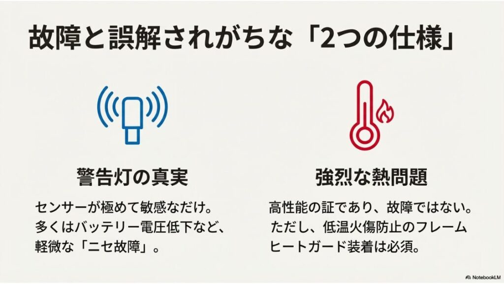 S1000RRは壊れやすい？過敏なセンサーによる警告灯点灯と、高性能の証である強烈な熱問題は、故障ではなく「仕様」であることを示すインフォグラフィック。