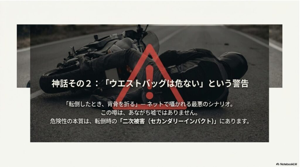 バイクのウエストバッグはダサいし危ない？バイク転倒時にウエストバッグが引き起こす二次被害（セカンダリーインパクト）の危険性