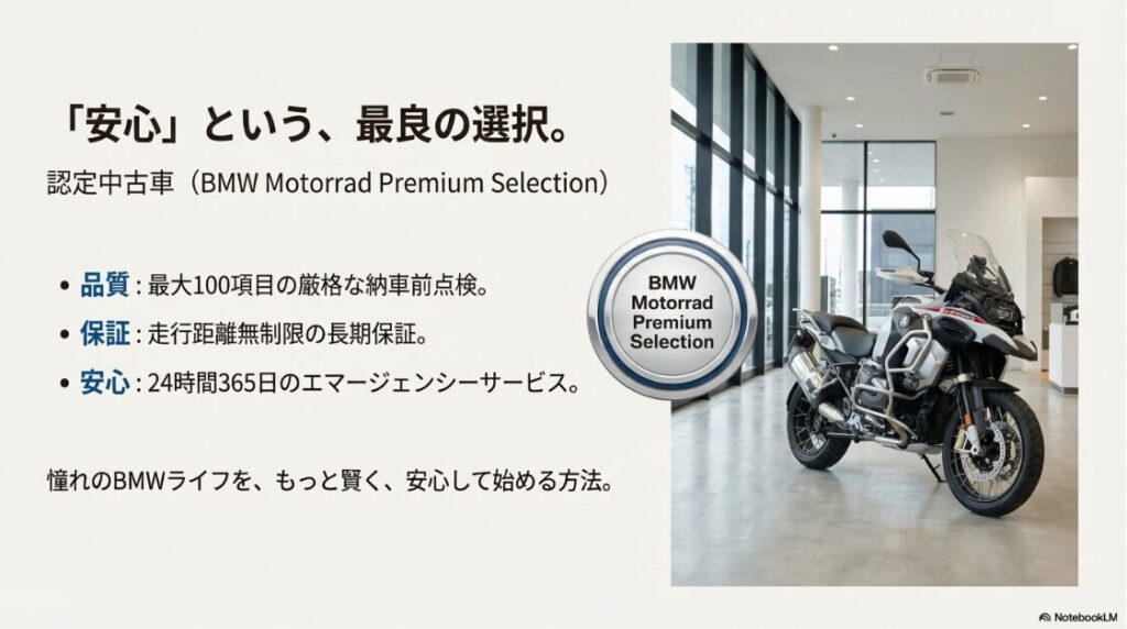 【2026】BMWバイクの車種一覧とラインナップ！BMW認定中古車のショールーム写真。厳格な納車前点検や長期保証、エマージェンシーサービスなどのメリットを記載。