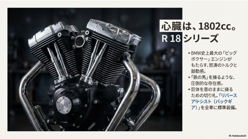 【2026】BMWバイクの車種一覧とラインナップ！R 18シリーズに搭載される1802cc水平対向2気筒エンジンのクローズアップ写真。圧倒的な存在感と造形美を強調。