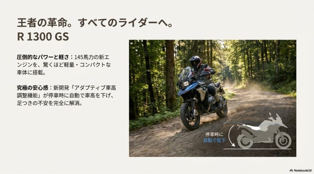 【2026】BMWバイクの車種一覧とラインナップ！新型R 1300 GSの走行シーンと、停車時に自動で車高が下がる機能（アダプティブ・ビークル・ハイト・コントロール）の図解。