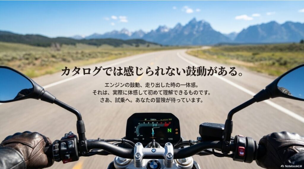 【2026】BMWバイクの車種一覧とラインナップ！「カタログでは感じられない鼓動がある」というメッセージと共に、TFT液晶メーターのアップと試乗を促すイメージ画像。