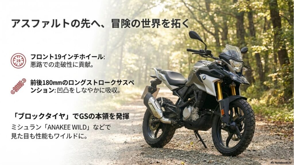 【BMW】G310GS：悪路走破性を高める19インチフロントホイールとブロックタイヤを装備したG310GSの足回り解説