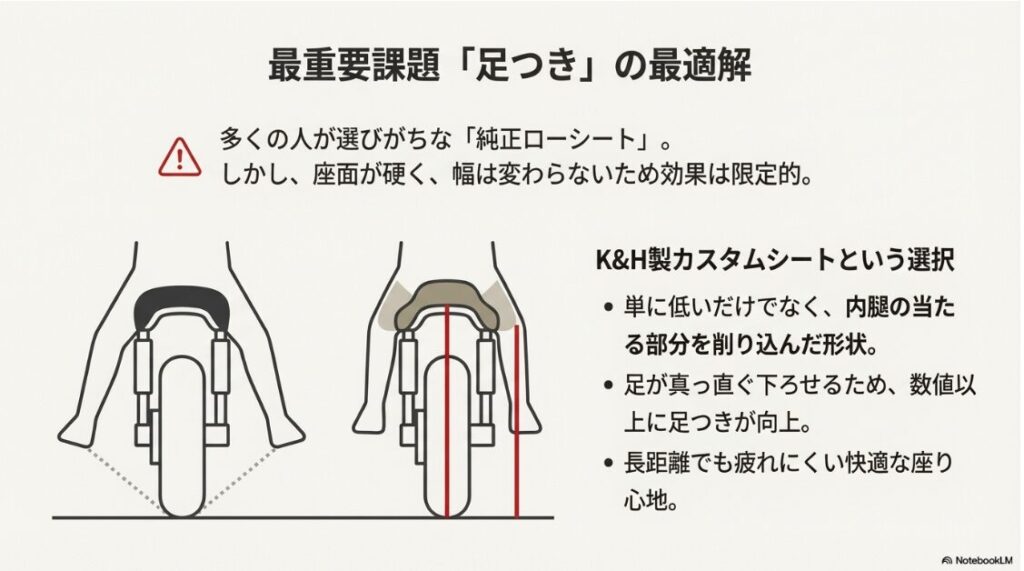 【BMW】G310GS：純正ローシートとK&H製カスタムシートの形状比較と、内腿の干渉を減らし足つきを向上させる仕組みの図
