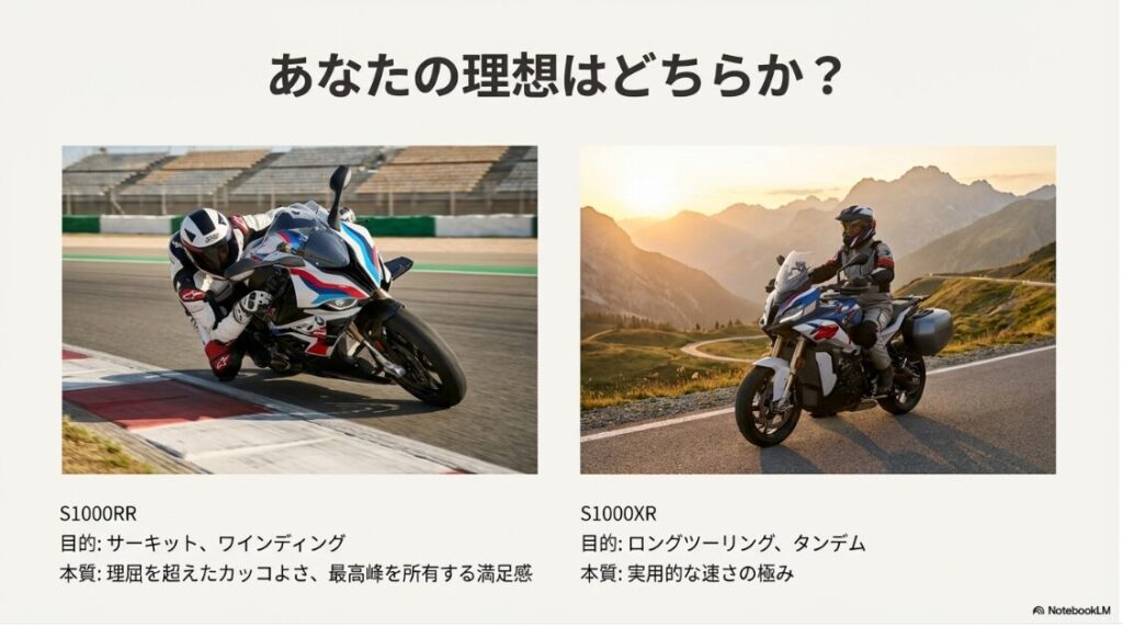 【BMWのS1000RR】サーキット・峠走行を目的とするS1000RRと、ロングツーリングを目的とするS1000XRの用途の違いを並べた比較スライド。