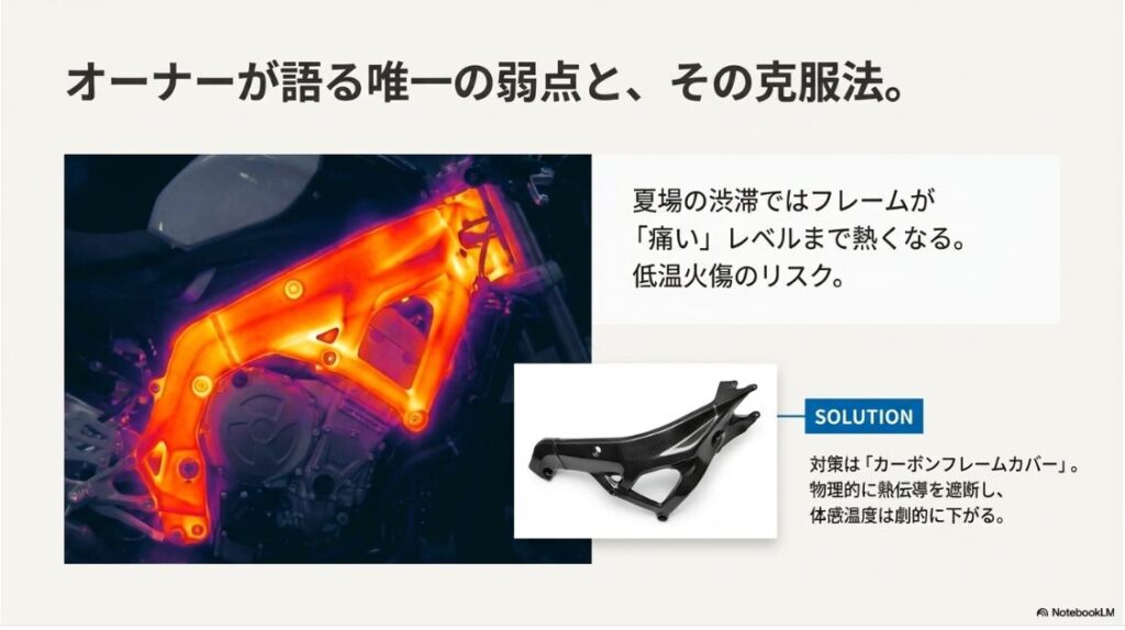 【BMWのS1000RR】熱を持ったフレームのサーモグラフィ画像と、その解決策であるカーボンフレームカバーを紹介するスライド。