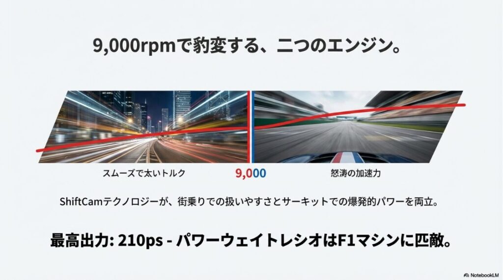 【BMWのS1000RR】9,000rpmを境にスムーズなトルクから怒涛の加速力へと変貌するエンジンの特性を解説したグラフ付きスライド。