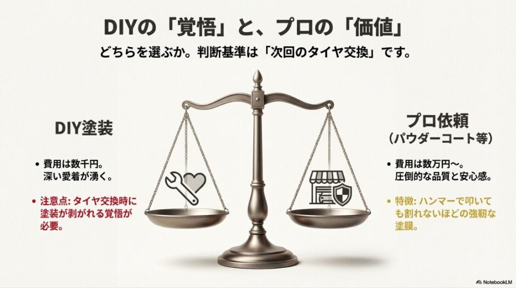 【バイク】ホイールの塗装をつけたままできる？DIY塗装の費用と愛着、プロ依頼の費用と圧倒的な耐久性を比較した図