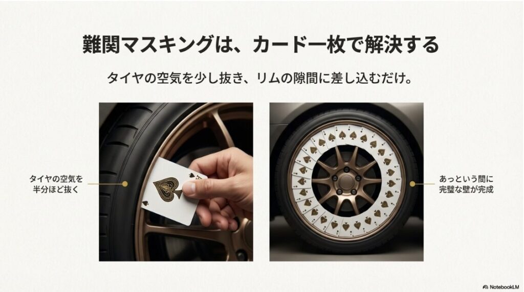 【バイク】ホイールの塗装をつけたままできる？タイヤの空気を抜いてリムの隙間にトランプを差し込み、ホイールを養生している様子