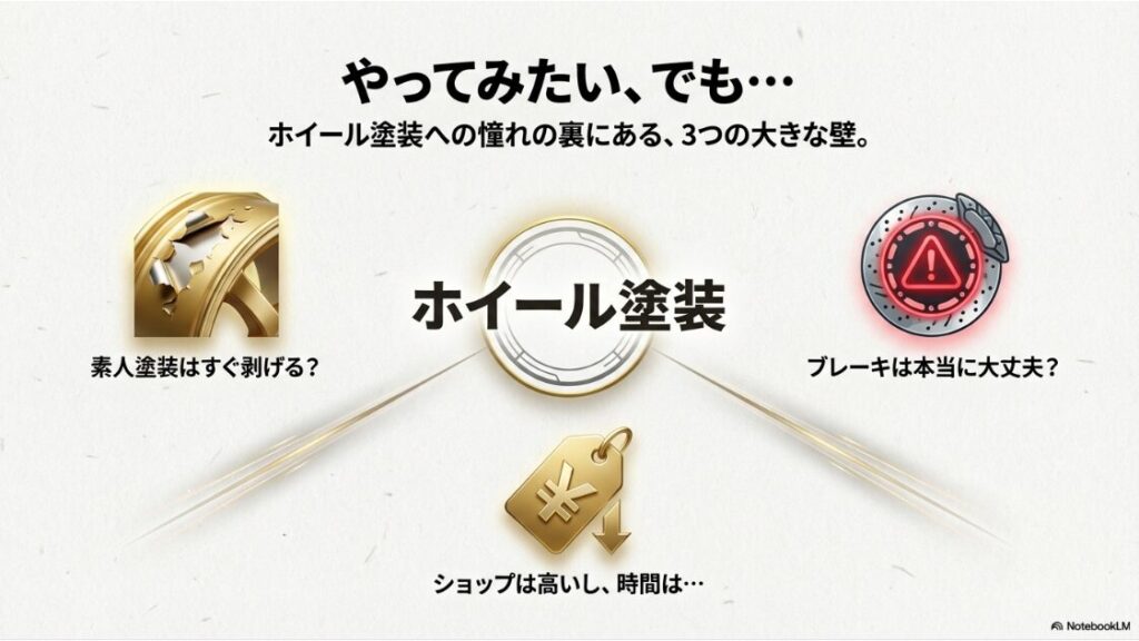 【バイク】ホイールの塗装をつけたままできる？塗装が剥がれた金色のホイールと、ブレーキへの塗装付着による危険性を警告するイラスト