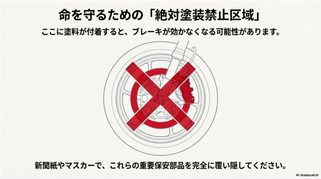 【バイク】ホイールの塗装をつけたままできる？バイクのブレーキディスクやキャリパーに赤色のバツ印がついた塗装禁止区域の図解
