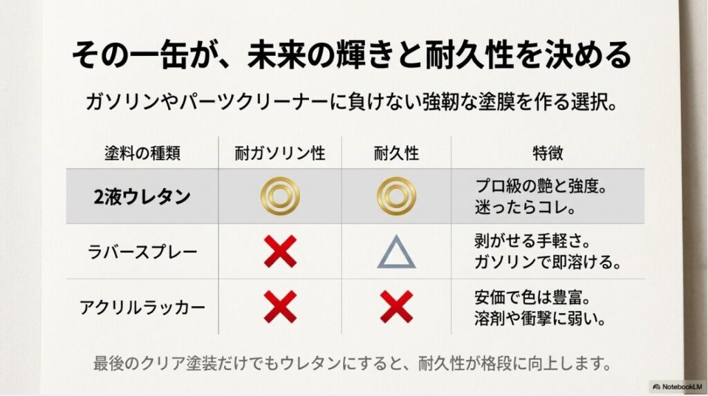 【バイク】ホイールの塗装をつけたままできる？2液ウレタン、ラバースプレー、アクリルラッカーの耐ガソリン性と耐久性を比較した表