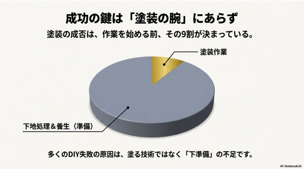 【バイク】ホイールの塗装をつけたままできる？塗装作業における下地処理と養生（準備）が占める重要性の割合を示した円グラフ