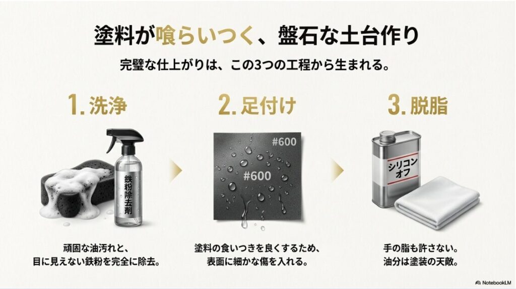 【バイク】ホイールの塗装をつけたままできる？ホイール洗浄用の鉄粉除去剤、足付け用の#600耐水ペーパー、脱脂用のシリコンオフの画像