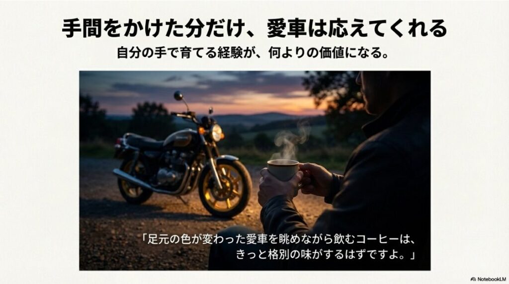 【バイク】ホイールの塗装をつけたままできる？夕暮れ時にカスタム塗装したバイクを眺めながらコーヒーを飲んでいるライダーの風景