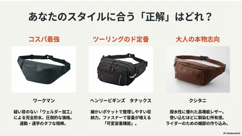 バイクのウエストバッグはダサいし危ない？ワークマン・ヘンリービギンズ・クシタニなどスタイル別おすすめウエストバッグの特徴比較