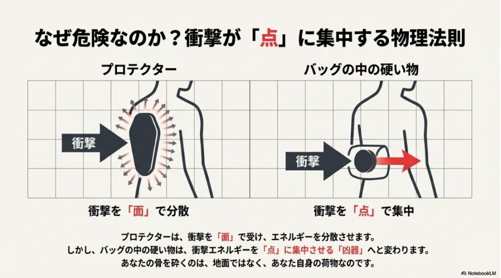 バイクのウエストバッグはダサいし危ない？プロテクターの衝撃分散と硬い荷物による衝撃集中の違いを示す物理メカニズム図解