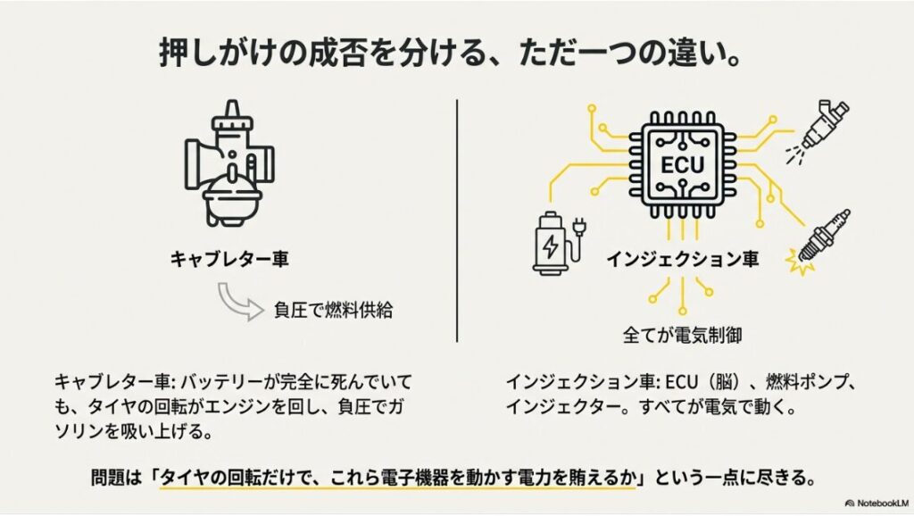 インジェクション車の押しがけの真実！インジェクション車は電気がないと始動できない仕組みの図解