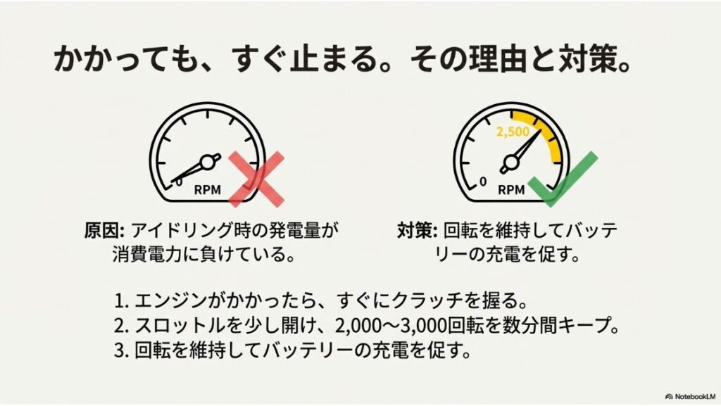 インジェクション車の押しがけの真実！アイドリング発電量不足を補うためにスロットルを開けて回転を維持する解説図