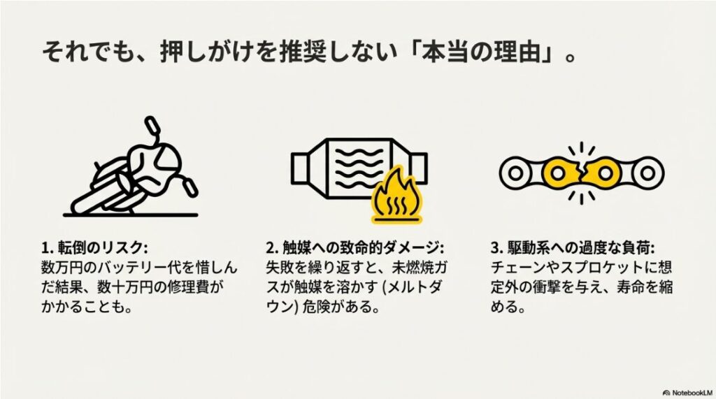 インジェクション車の押しがけの真実！転倒リスク、触媒の破損、チェーンへの負荷など押しがけのデメリット一覧