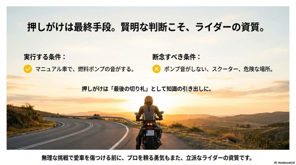 インジェクション車の押しがけの真実！ツーリング中のライダーの後ろ姿と無理をせずプロを頼るべきというメッセージ