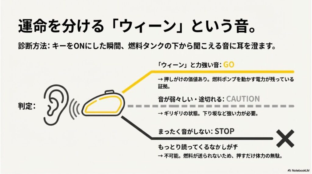 インジェクション車の押しがけの真実！キーON時に燃料ポンプから聞こえる作動音による診断方法