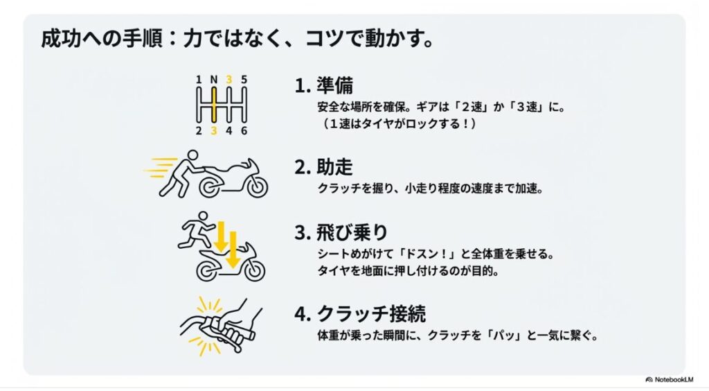 インジェクション車の押しがけの真実!ギア選択から飛び乗り、クラッチミートまでの押しがけ手順図解