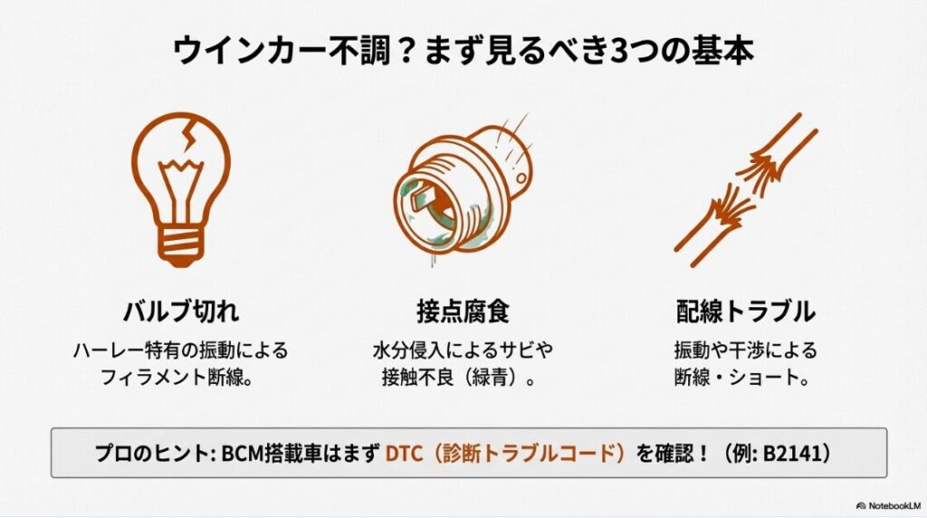 ウインカーがつかない原因となる「バルブ切れ」「接点腐食」「配線トラブル」の3大要素を示したイラスト。