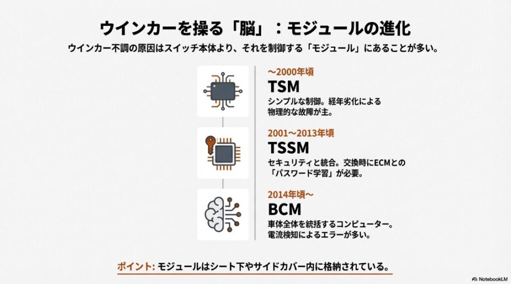ハーレーのウインカーを制御するモジュールの変遷。2000年以前のTSM、2013年頃までのTSSM、2014年以降のBCMの特徴をまとめた図。