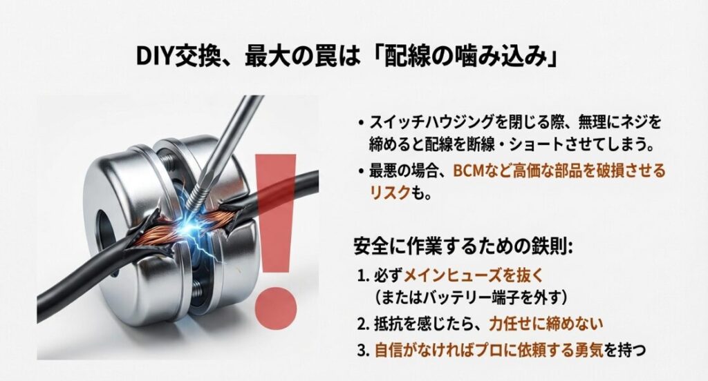 スイッチハウジングを組み立てる際、配線が挟まって断線・ショートしてしまう危険な状態を示した警告イラスト。