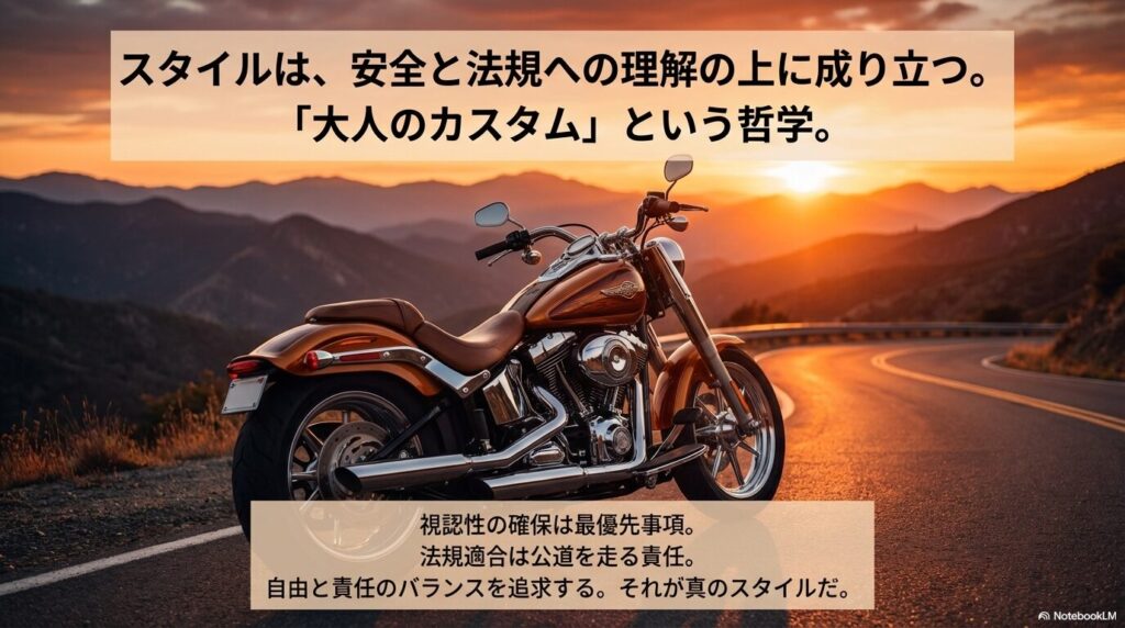 「大人のカスタム」という哲学に基づき、視認性の確保と法規適合の上でスタイルを楽しむことを提唱するまとめのスライド 。