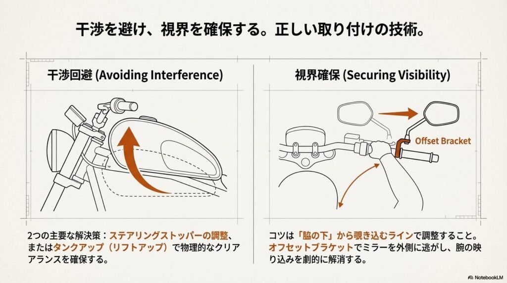 タンクアップによるクリアランス確保と、オフセットブラケットを使用してミラーを外側へ逃がし視界を確保する方法の図解 。