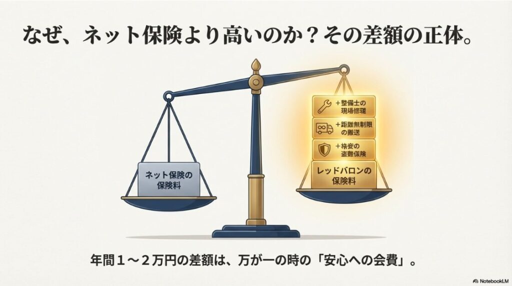 レッドバロンの任意保険の評判と料金は？ネット保険の安さと、レッドバロン保険のサービス（現場修理・距離無制限・盗難保険）を比較する天秤のイラスト