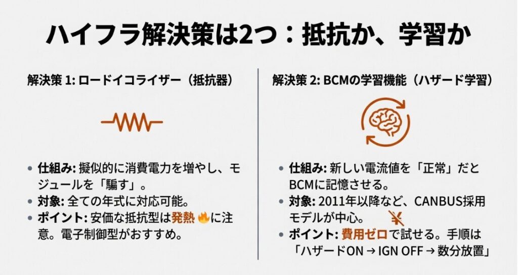 ハイフラを解消するための2つの方法。抵抗器（ロードイコライザー）を使用する場合と、BCMのハザード学習機能を使用する場合の比較解説。