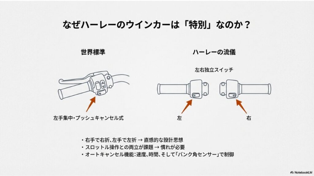 世界標準の左側集中スイッチと、ハーレー独自の左右独立スイッチの違いを比較した図解。オートキャンセル機能の解説付き。