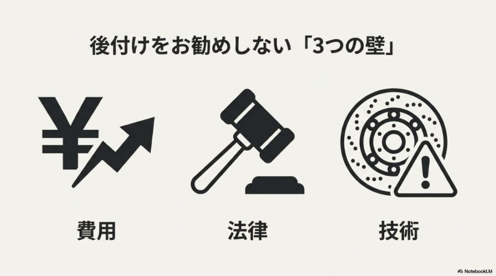 バイクにABSの後付けはいらない？ABS後付けを推奨しない理由として挙げられる「費用・法律・技術」の3つの要素を示すアイコン