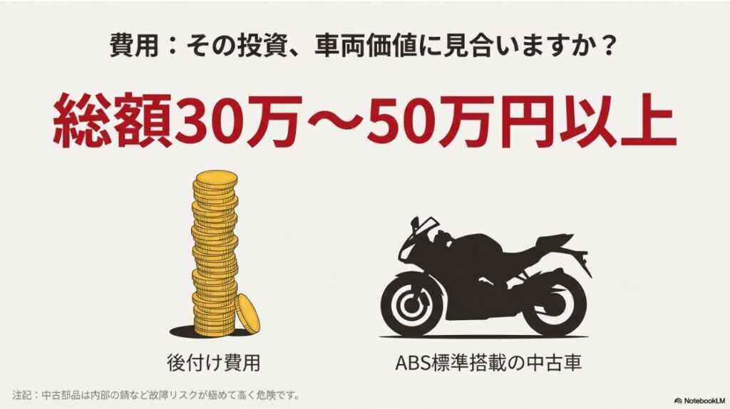 バイクにABSの後付けはいらない？ABS後付けには総額30万〜50万円以上かかり、中古部品は危険であるという費用対効果の警告