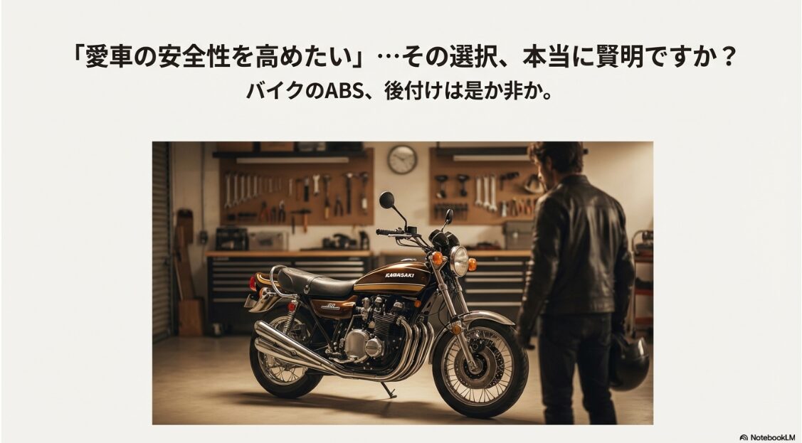 バイクにABSの後付けはいらない？ガレージに佇むレトロなカワサキバイクと「愛車の安全性を高めたい…その選択、本当に賢明ですか？」というタイトルスライド