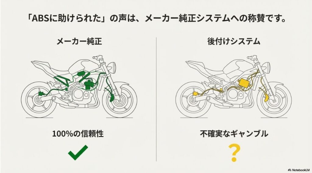 バイクにABSの後付けはいらない？100%の信頼性を持つメーカー純正ABSと、不確実なギャンブルである後付けシステムを比較した図解