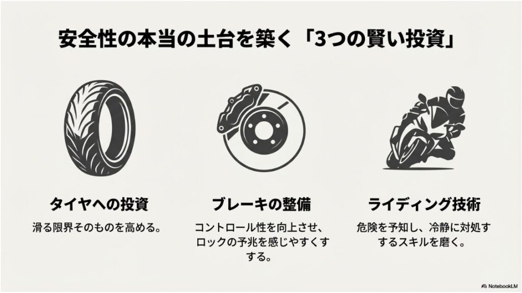 バイクにABSの後付けはいらない？ABS後付けの代わりに推奨される、タイヤへの投資、ブレーキ整備、ライディング技術向上という3つの安全対策