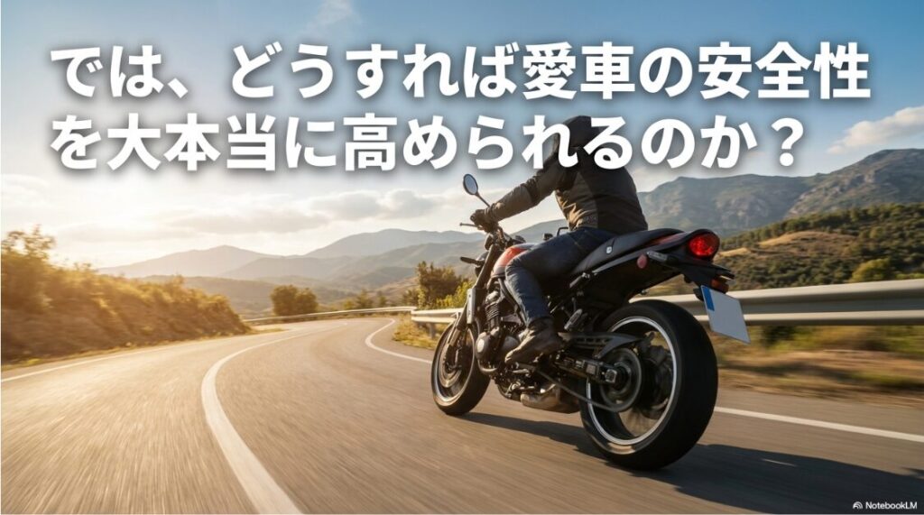 バイクにABSの後付けはいらない？「では、どうすれば愛車の安全性を本当に高められるのか？」という、次の解決策セクションへ繋ぐための問いかけスライド