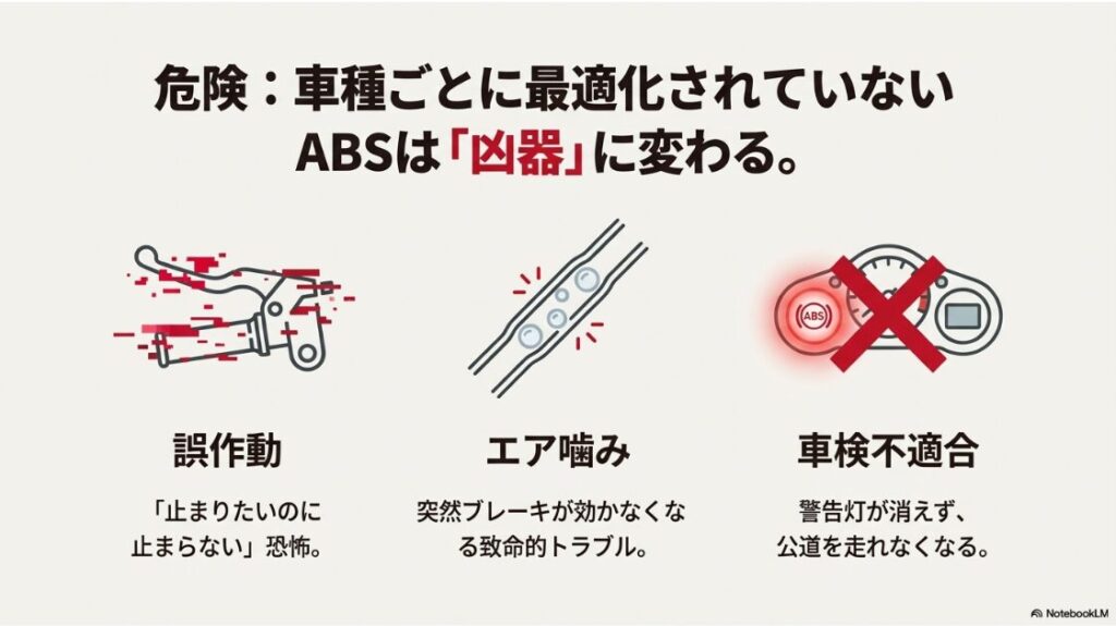 バイクにABSの後付けはいらない？誤作動、エア噛み、車検不適合など、車種ごとに最適化されていないABSが引き起こす致命的なリスク一覧