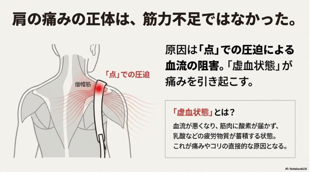 バイクにリュックは危ないし疲れない？バイクリュックの重みが僧帽筋を点で圧迫し、血流障害（虚血状態）を引き起こすメカニズムの解説図