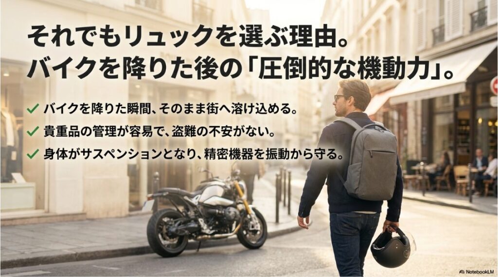 バイクにリュックは危ないし疲れない？バイクを降りてすぐに移動でき、貴重品管理も容易なリュック使用時のメリットイメージ