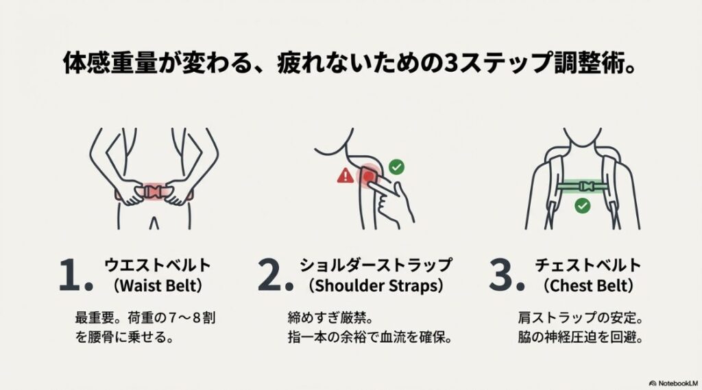 バイクにリュックは危ないし疲れない？1.ウエストベルト、2.ショルダーストラップ、3.チェストベルトの順に行う、疲れないリュック調整方法の図解