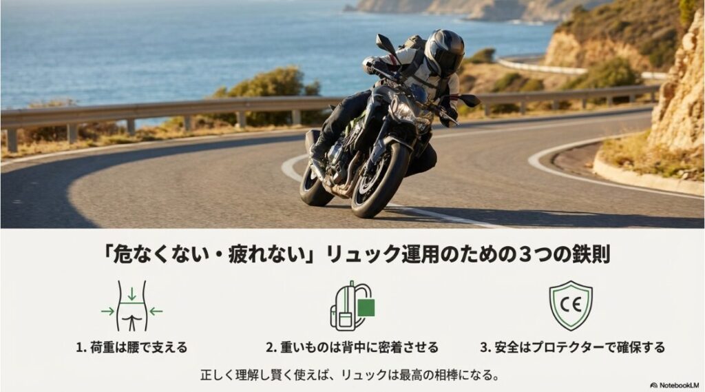 バイクにリュックは危ないし疲れない？腰で支える、重いものは背中側、プロテクターで安全確保という3つの重要ポイントまとめ